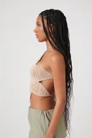 Women's Crochet Floral Halter Top in Tan Small