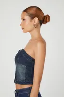 Women's Button-Front Denim Tube Top in Dark Denim Small