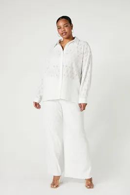 Women's Eyelet Shirt & Pants Set in White, 0X