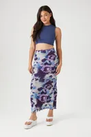 Women's Abstract Floral Print Mesh Maxi Skirt in Purple Small