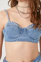 Women's Studded Sweetheart Denim Bralette in Denim Washed Small