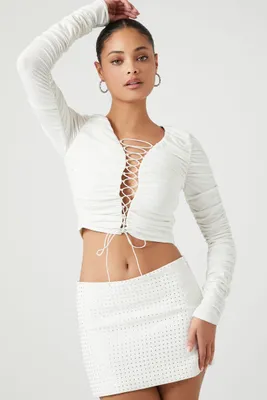 Women's Ruched Lace-Up Crop Top White