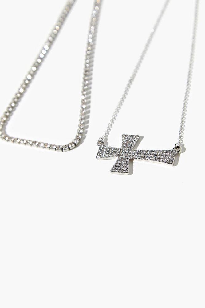 Women's Cross Pendant Necklace Set in Silver/Clear