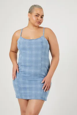 Women's Plaid Cami Mini Dress in Blue, 2X