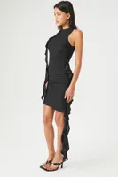 Women's Ruched Sash Mini Bodycon Dress in Black Small