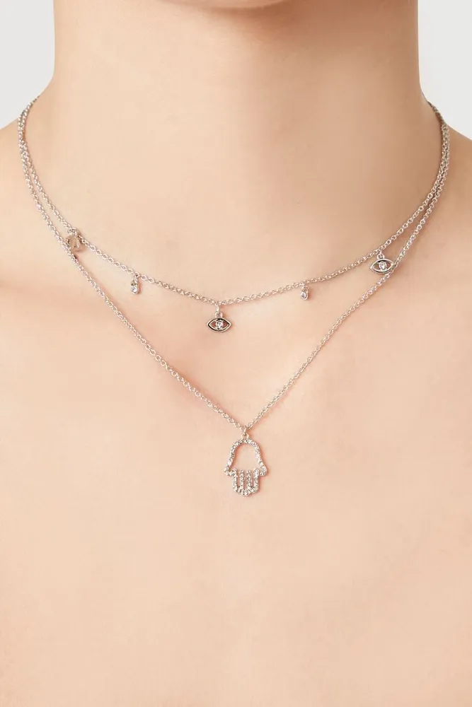 Women's Layered Hamsa Hand Charm Necklace in Clear/Silver