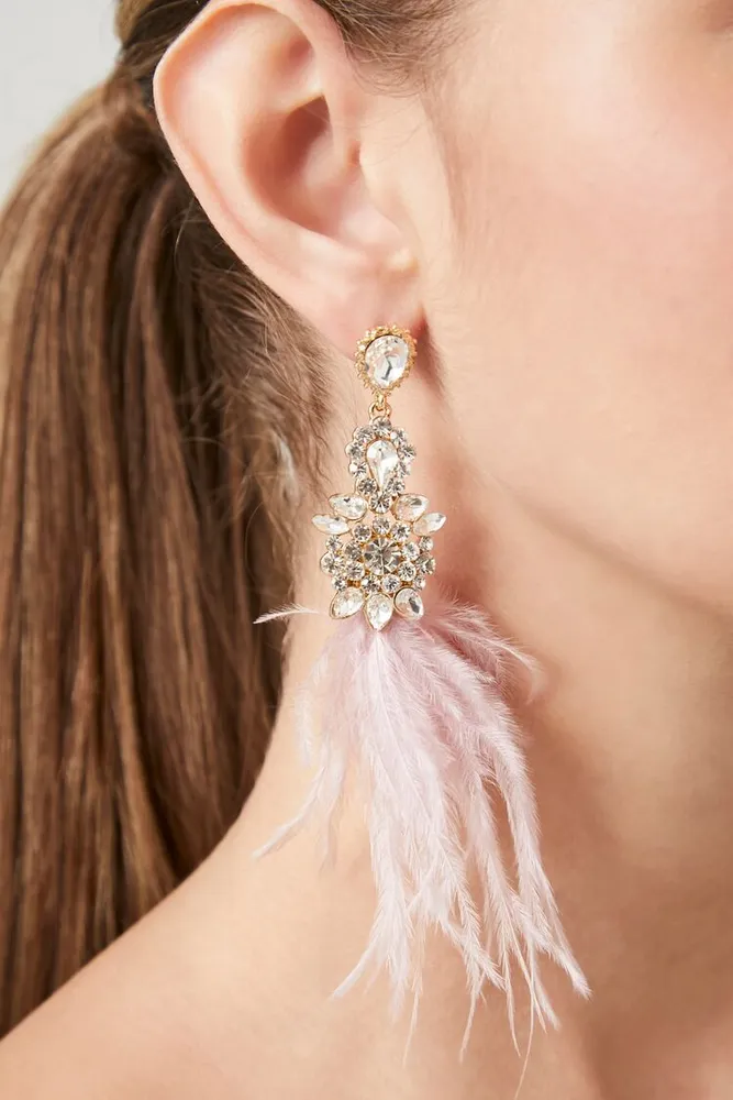 Women's Feather & Faux Gem Duster Earrings in Pink