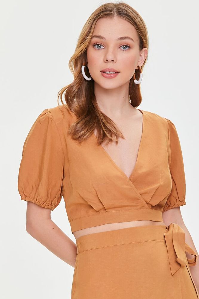 Women's Surplice Puff-Sleeve Crop Top in Maple Large