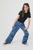 Girls Wide-Leg Cargo Jeans (Kids) in Medium Denim, 9/10