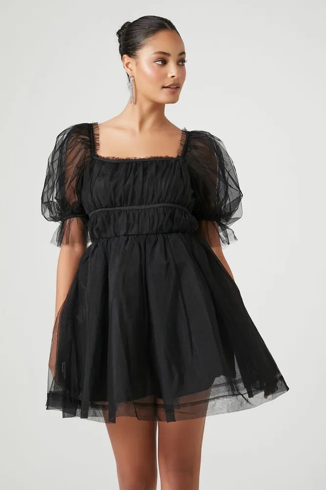 Women's Babydoll Puff-Sleeve Mini Dress in Black Medium