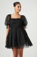 Women's Babydoll Puff-Sleeve Mini Dress in Black Medium