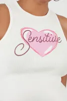 Women's Rhinestone Sensitive Tank Top in White, 0X