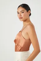 Women's Satin Ruffle-Trim Bodysuit in Toasted Almond Medium