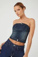 Women's Button-Front Denim Tube Top in Dark Denim Small