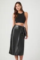 Women's Faux Leather Midi Wrap Skirt in Black, XS