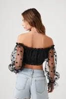 Women's Polka Dot Off-the-Shoulder Crop Top in Black Small