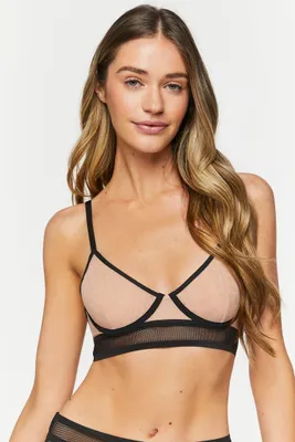 Women's Mesh Contrast-Trim Underwire Bra in Tan/Black Small