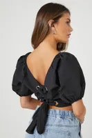 Women's Puff-Sleeve Lace-Back Crop Top in Black Small