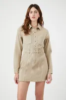 Women's Button-Up Twill Mini Dress in Khaki, XS