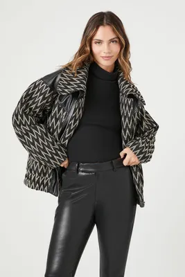 Women's Tweed Chevron Bomber Jacket in Black/White Small