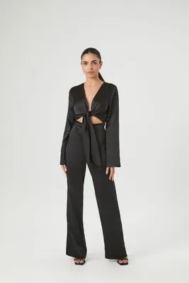 Women's Satin Cutout Tie-Front Jumpsuit in Black, XS