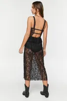 Women's Sheer Lace Slit Midi Dress in Black Small