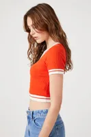 Women's Varsity-Striped Cropped T-Shirt in Fiery Red/Vanilla, XL