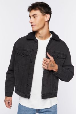 Men Denim Faux Shearling Jacket in Black/Black Large