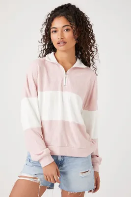 Women's Striped Half-Zip Pullover in Pink/White Large