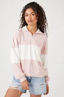 Women's Striped Half-Zip Pullover in Pink/White Large