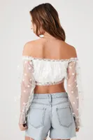 Women's Polka Dot Off-the-Shoulder Crop Top in White, XL