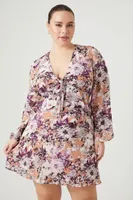 Women's Floral Print Mini Dress in Mocha/Lavender, 0X