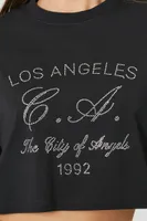 Women's Rhinestone Los Angeles Cropped T-Shirt in Black/Silver Small