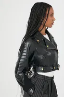 Women's Cropped Faux Leather Moto Jacket in Black Small