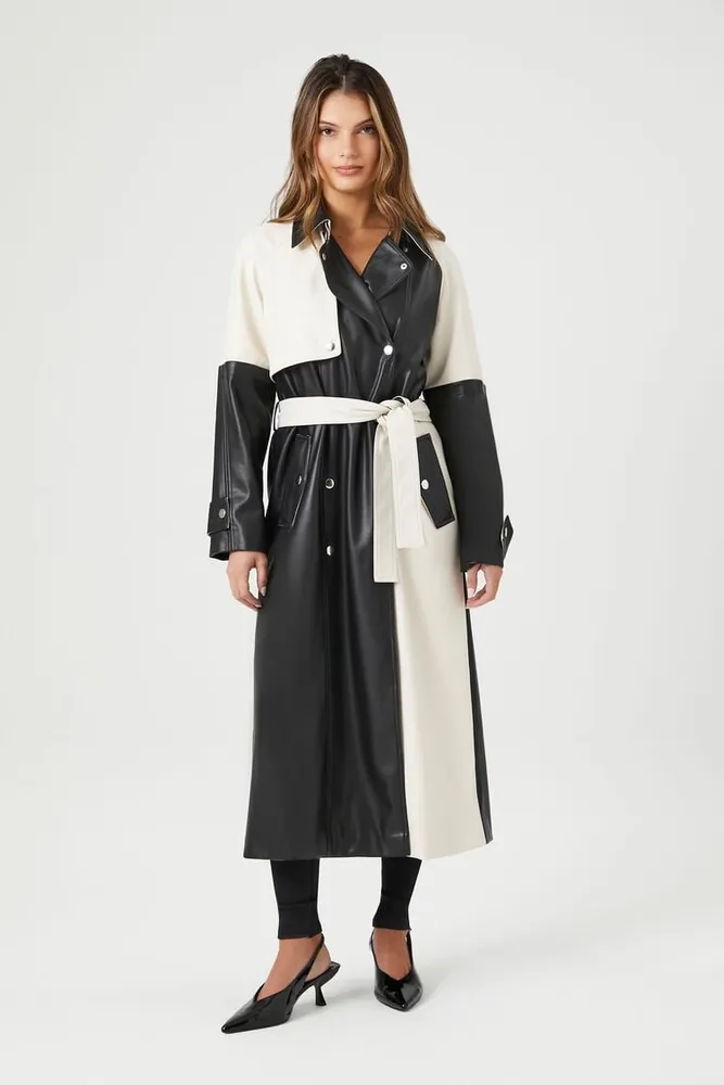 Women's Faux Leather Colorblock Trench Coat in Black/White Small