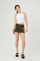 Women's Camo Cargo Pocket Mini Skirt in Olive/Brown Medium