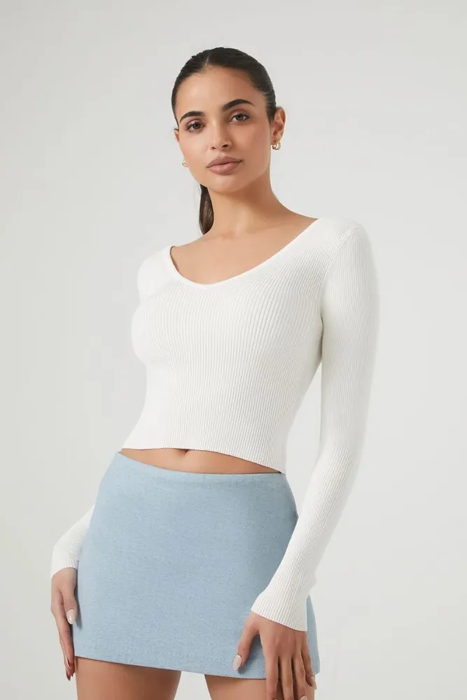 Women's Cropped Rib-Knit Sweater in Vanilla Medium