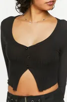 Women's Long-Sleeve Button-Front Crop Top in Black Large