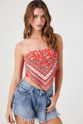 Women's Ornate Print Cropped Cami in Red, XL