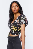 Women's Tropical Print Puff-Sleeve Top in Black Small