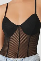 Women's Sheer Chevron Sweetheart Bodysuit in Black Small