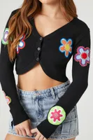 Women's Cropped Floral Cardigan Sweater in Black Medium