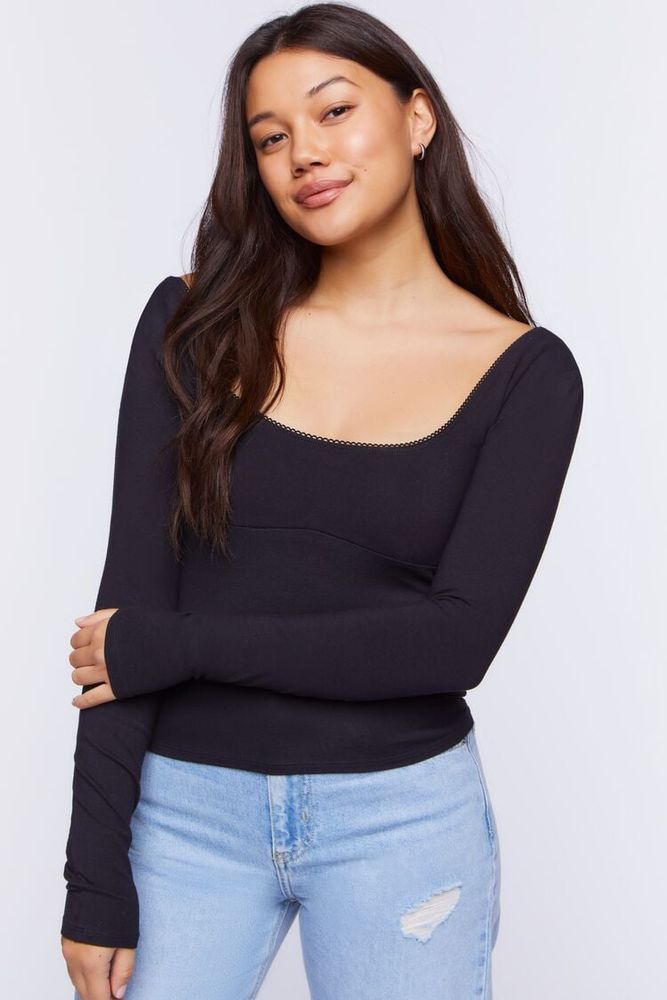 Women's Picot-Trim Long-Sleeve Top