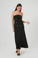 Women's Double-Breasted Strapless Maxi Dress in Black, XS