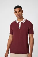 Men Striped-Trim Polo Shirt in Burgundy/Cream Medium