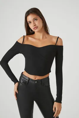 Women's Ribbed Open-Shoulder Crop Top in Black Medium