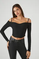 Women's Ribbed Open-Shoulder Crop Top Black,