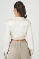 Women's Cropped Satin Long-Sleeve Shirt in Cream Medium