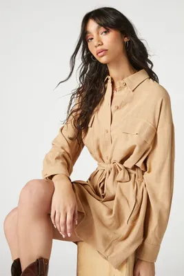 Women's Tie-Waist Mini Shirt Dress in Beige Small