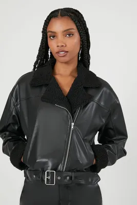 Women's Faux Leather Belted Moto Jacket in Black Small